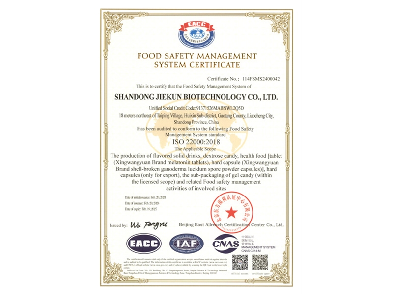 Food Safety Management System Certification Certificate in English